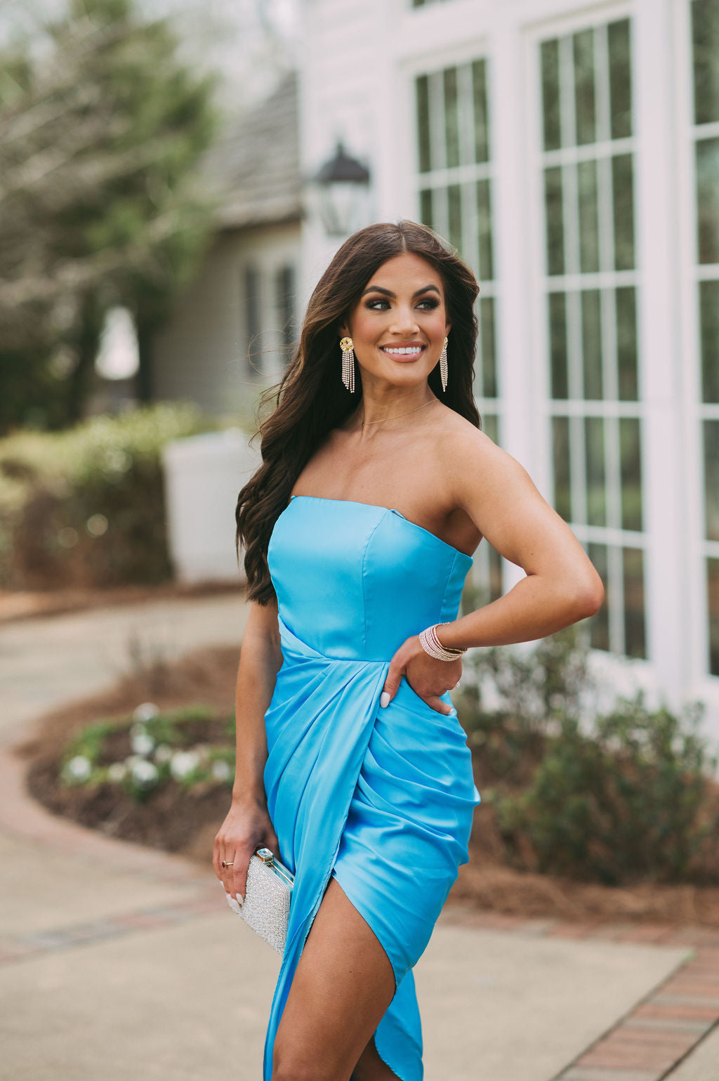 Side Draped Satin DressBlue