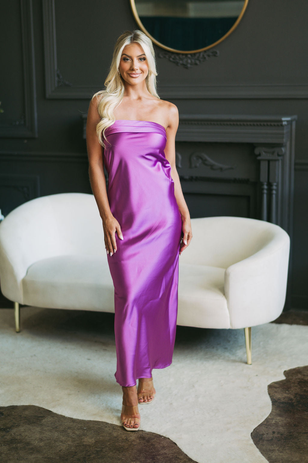 Satin Foldover Strapless Gown Magenta