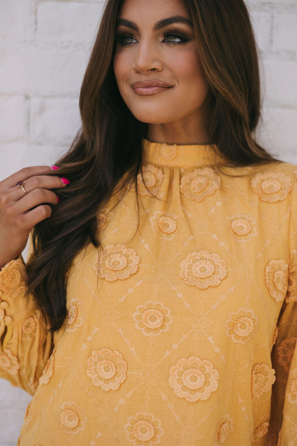 Mock Neck Floral Embroidered Dress-Mustard