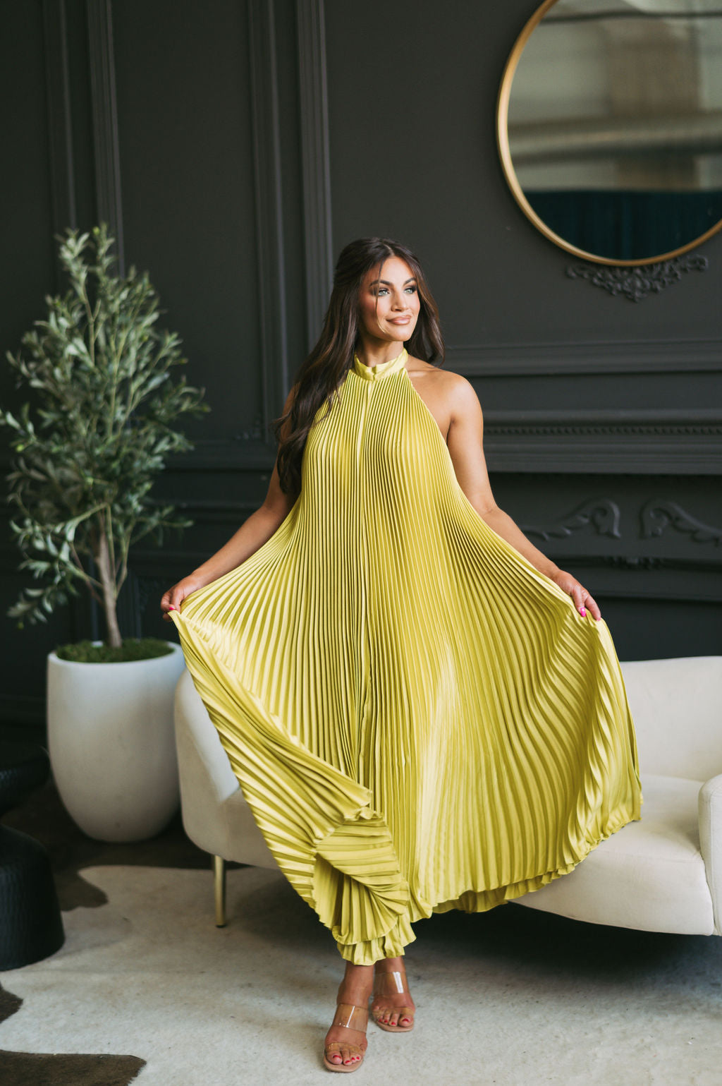 Halter Neck Pleated Midi Dress Chartreuse