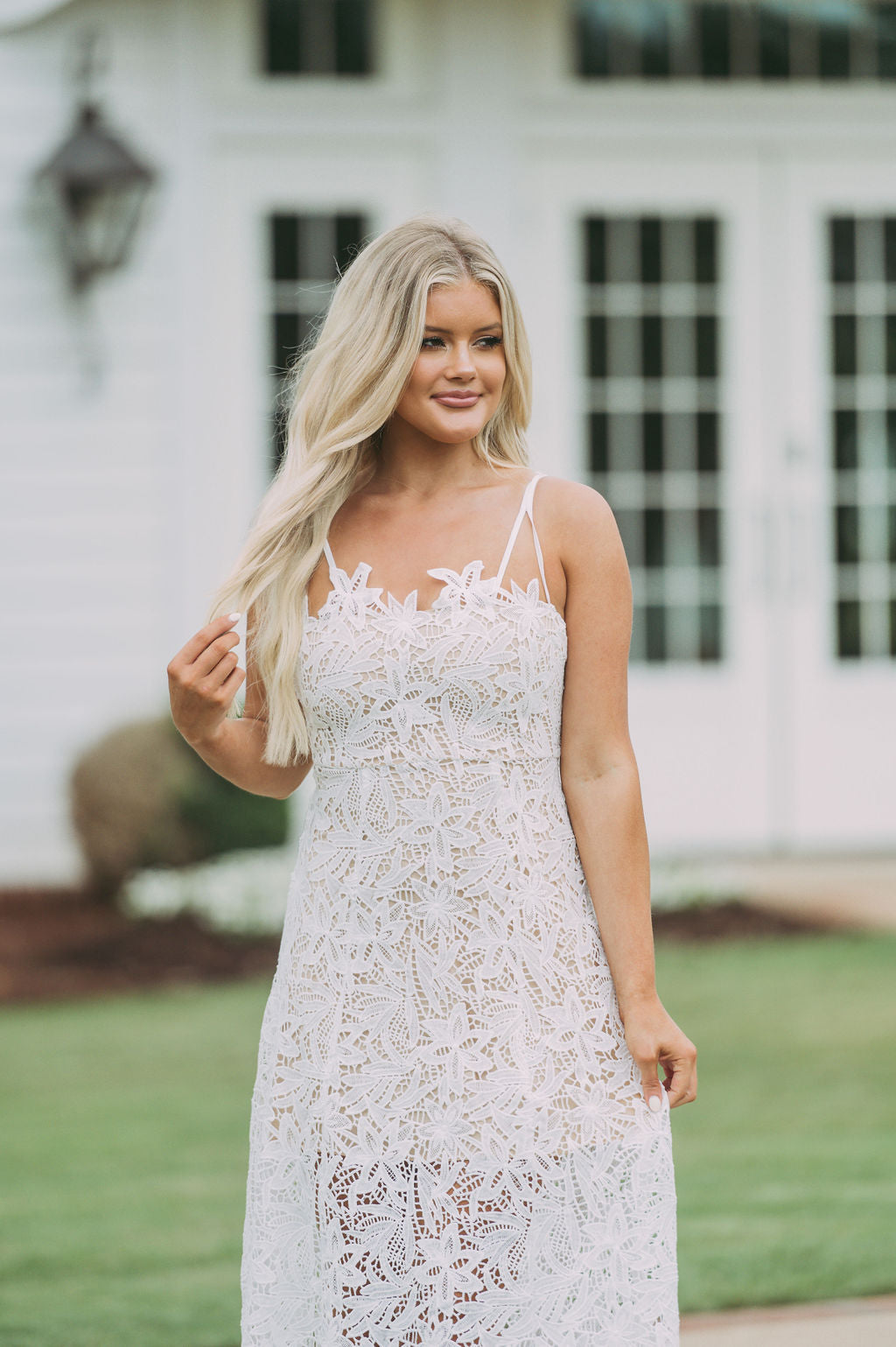 Crochet Strappy Midi Dress-White