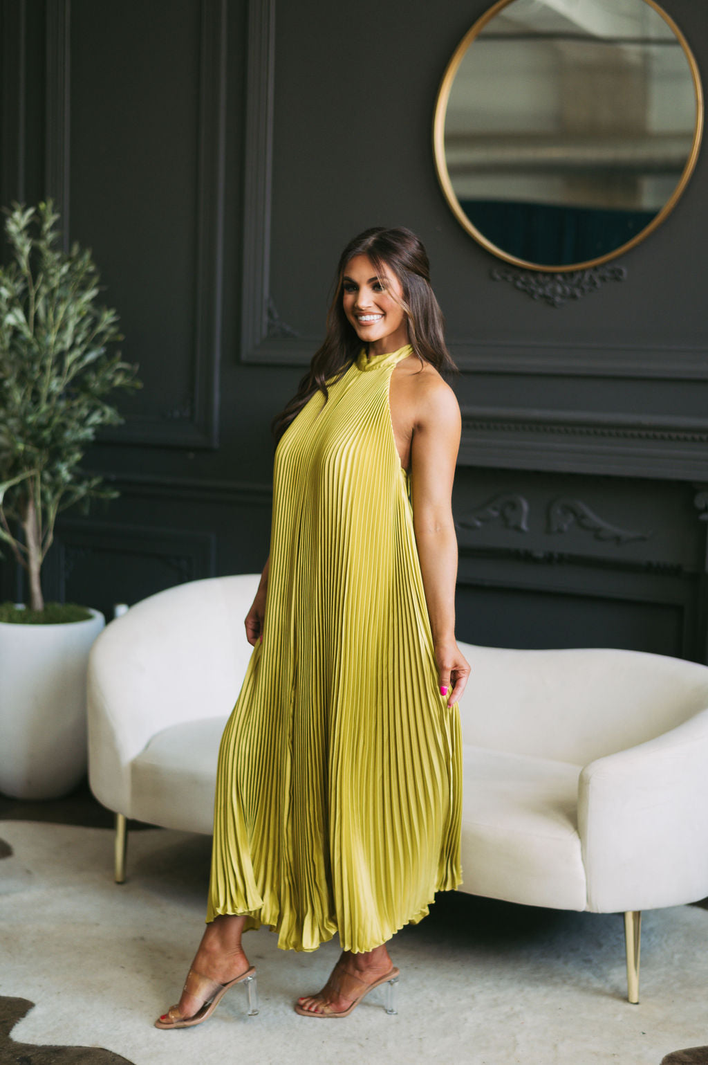 Halter Neck Pleated Midi Dress Chartreuse