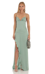 Satin Ruffle Maxi Dress in Sage