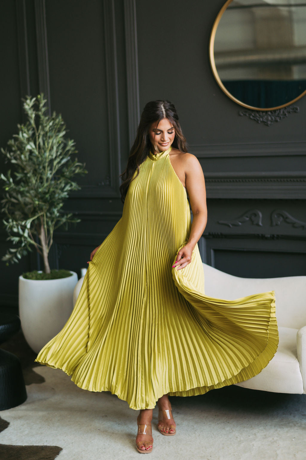 Halter Neck Pleated Midi Dress Chartreuse