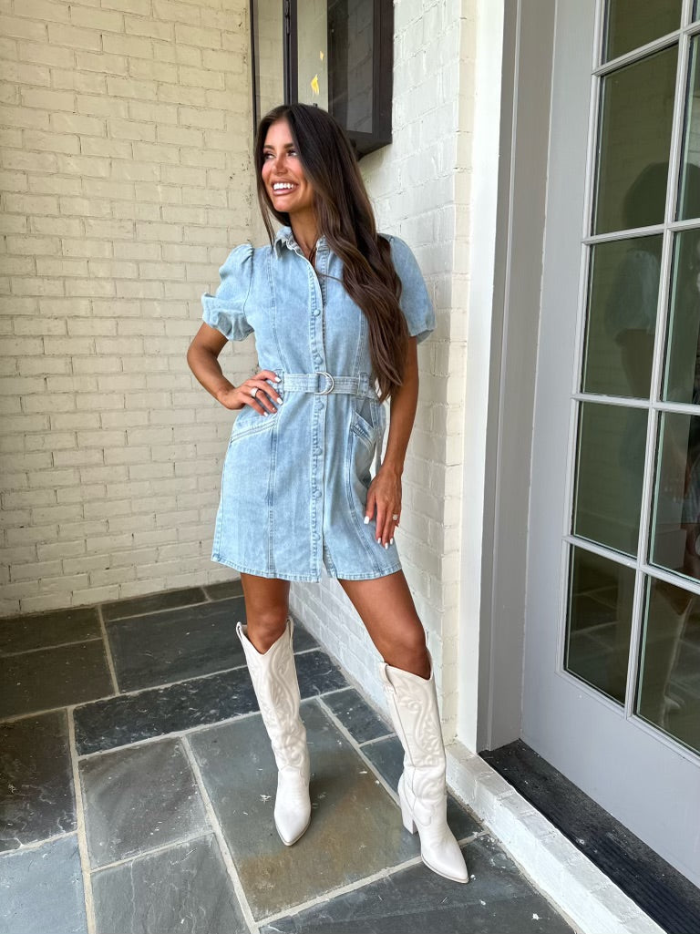 Belted Puff Sleeve Denim Dress