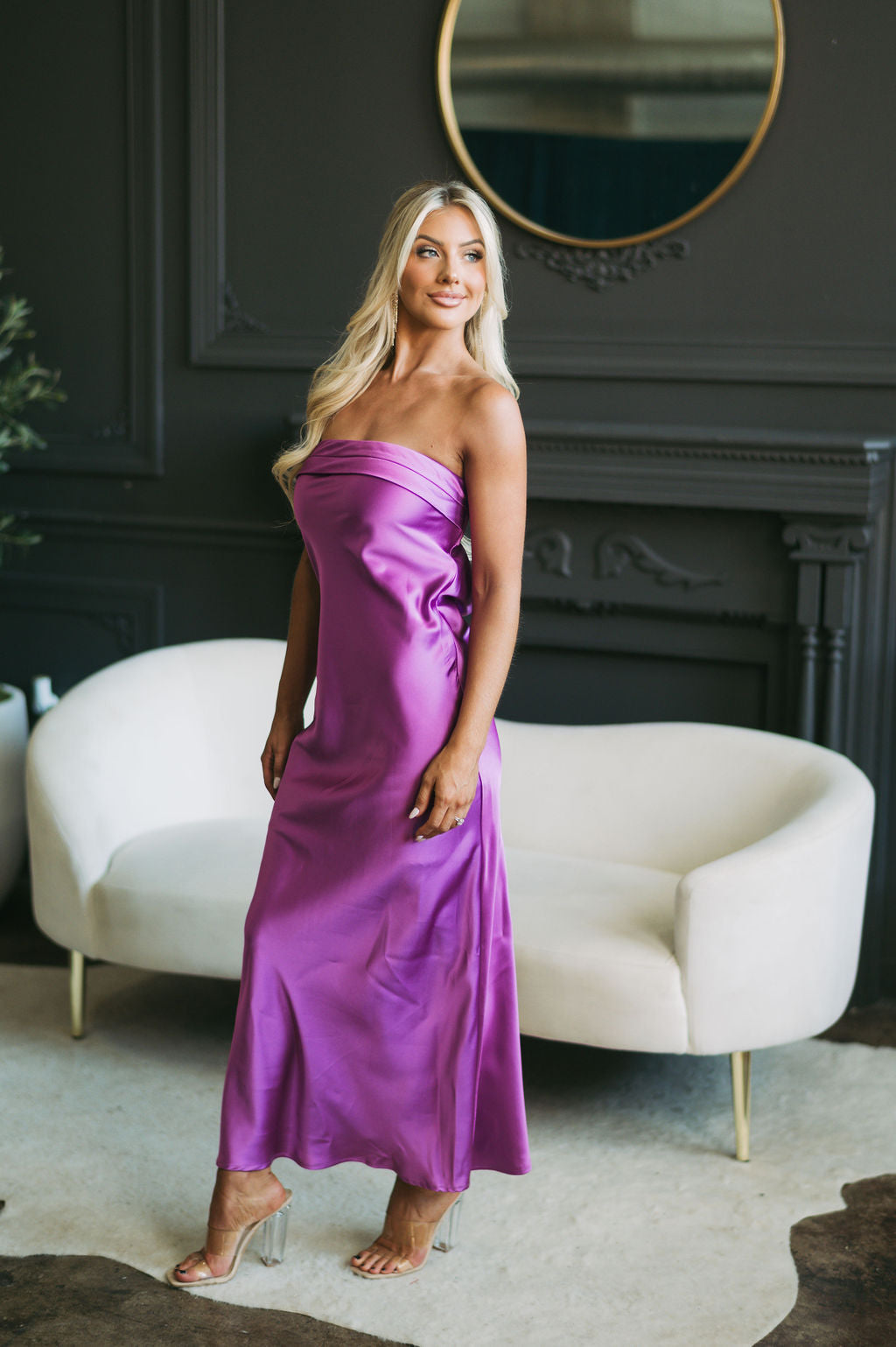 Satin Foldover Strapless Gown Magenta