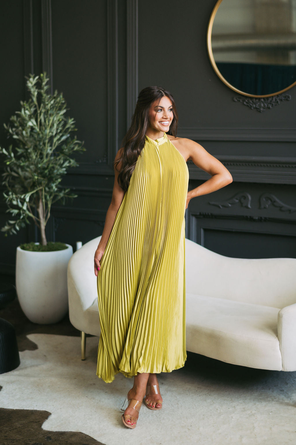 Halter Neck Pleated Midi Dress Chartreuse