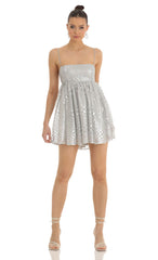 Checkered Sequin Baby Doll Dress in Silver