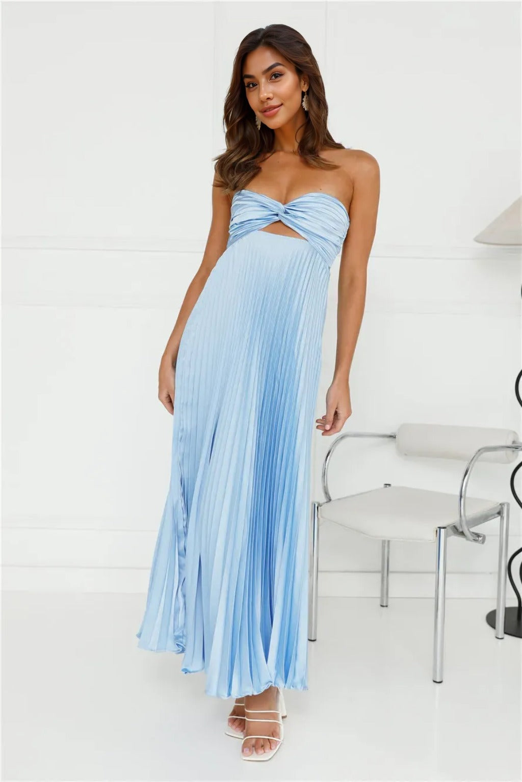 Clouds Of Love Strapless Pleated Maxi Dress Blue