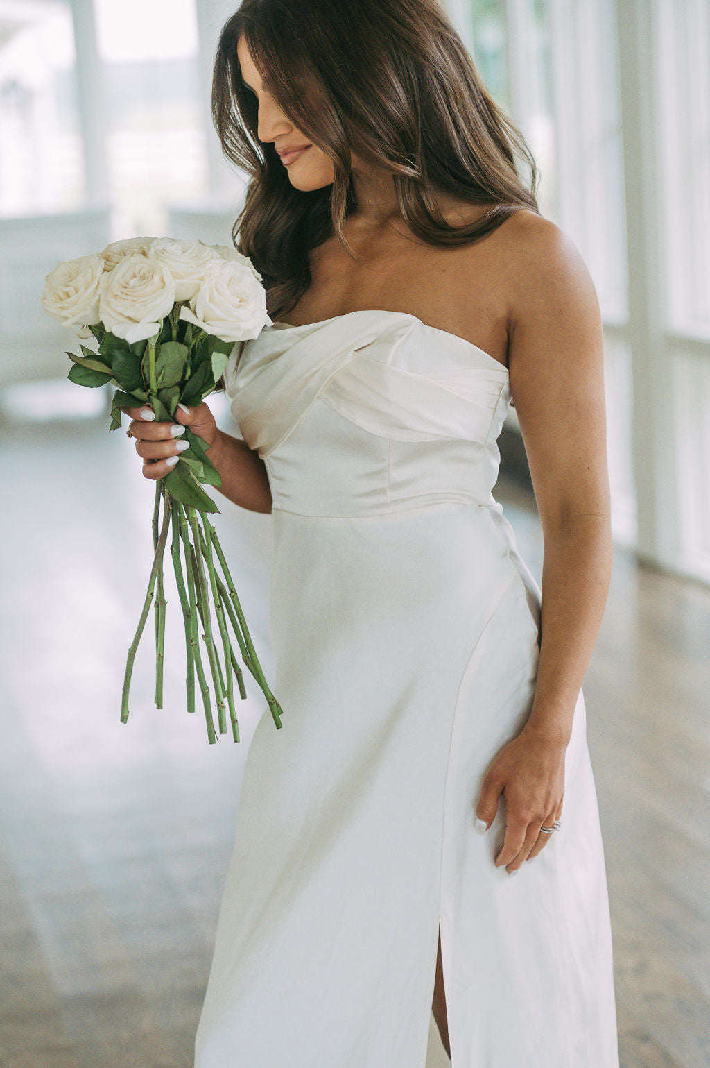 Strapless Satin Maxi Dress-Cream