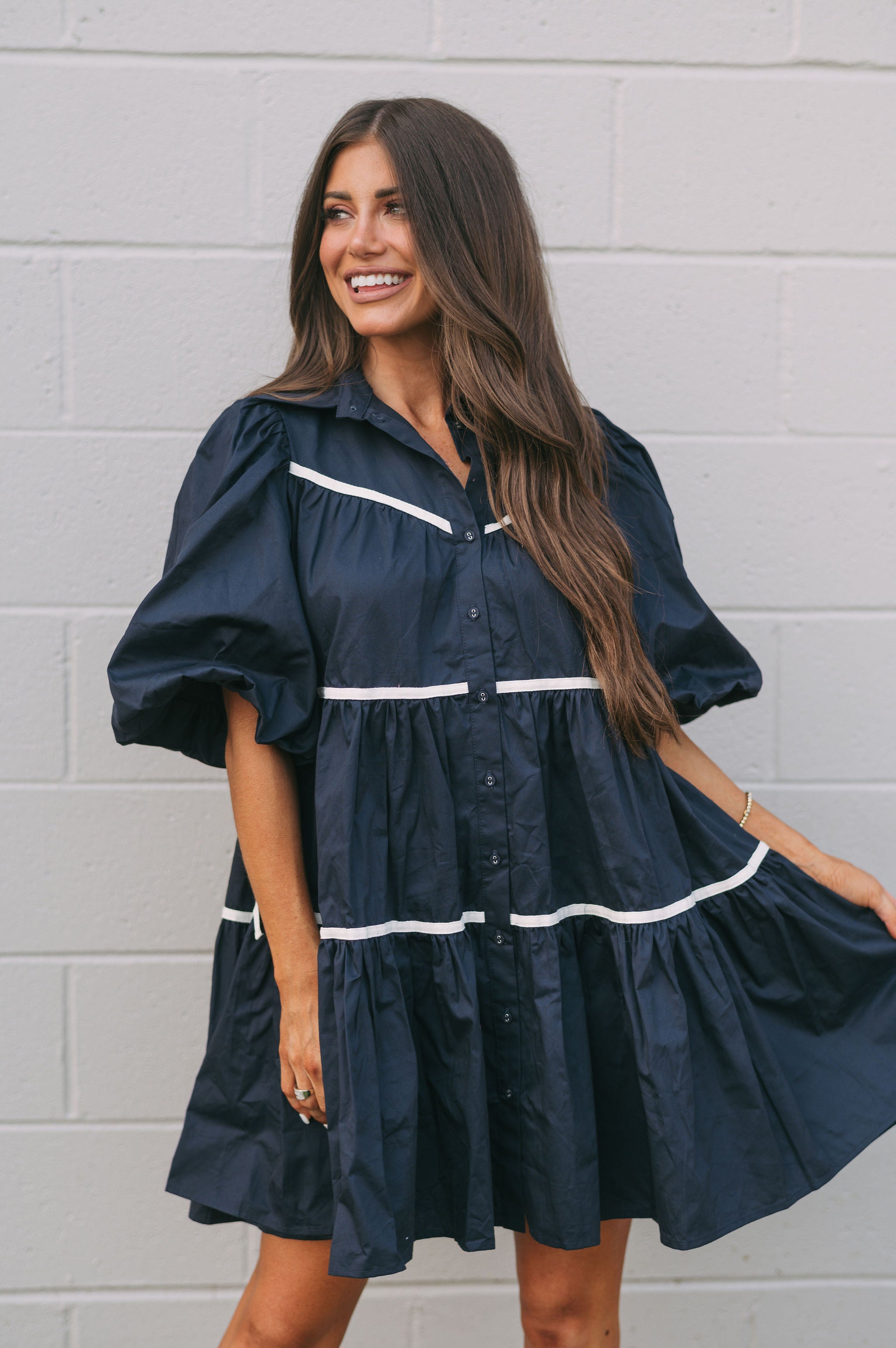 Poplin Tiered Dress Navy