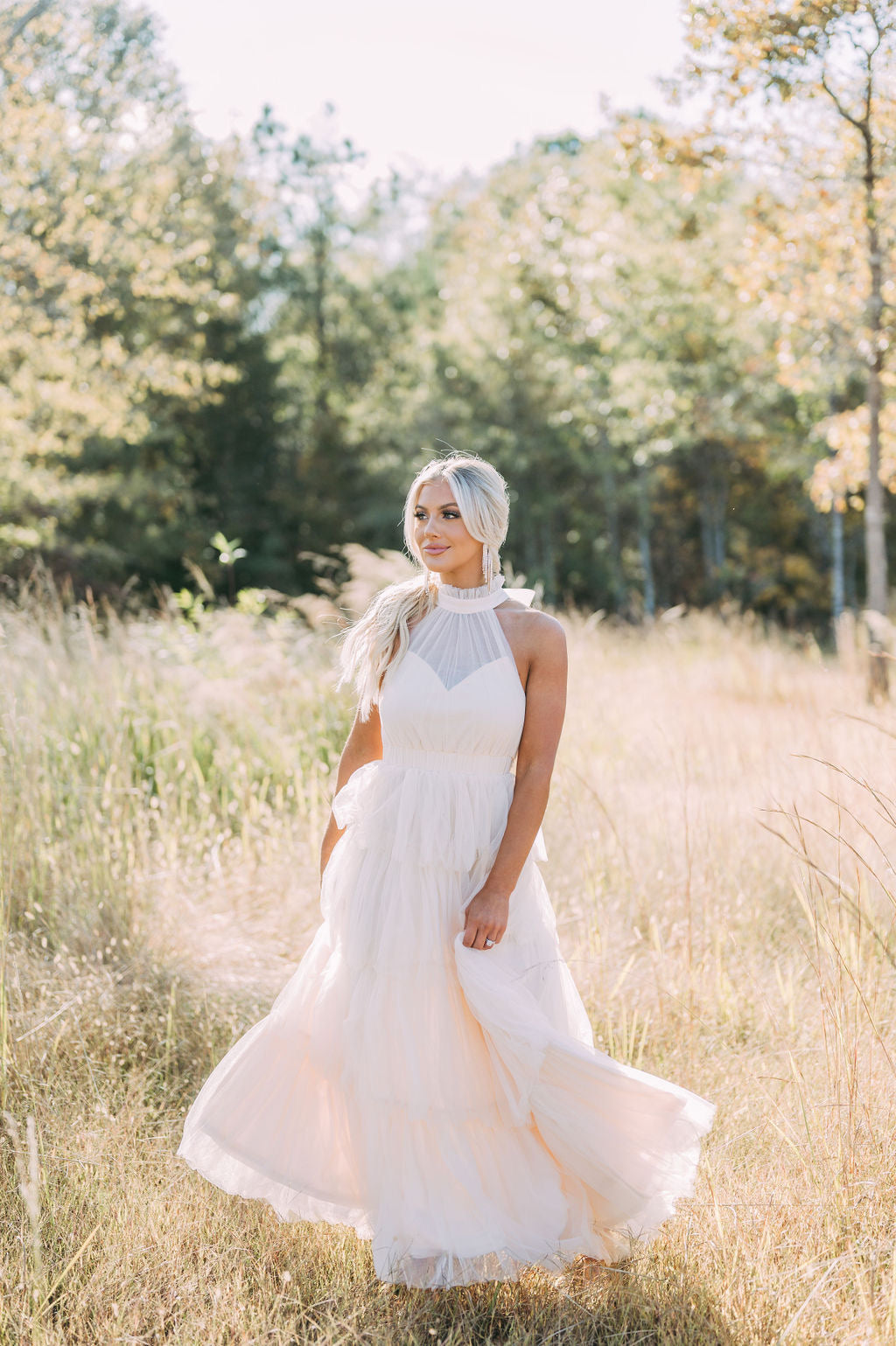 Tiered Tulle Maxi Dress-Cream