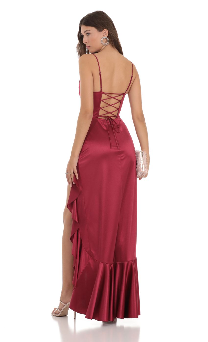 Satin Ruffle Maxi Dress in Maroon