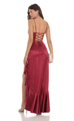 Satin Ruffle Maxi Dress in Maroon