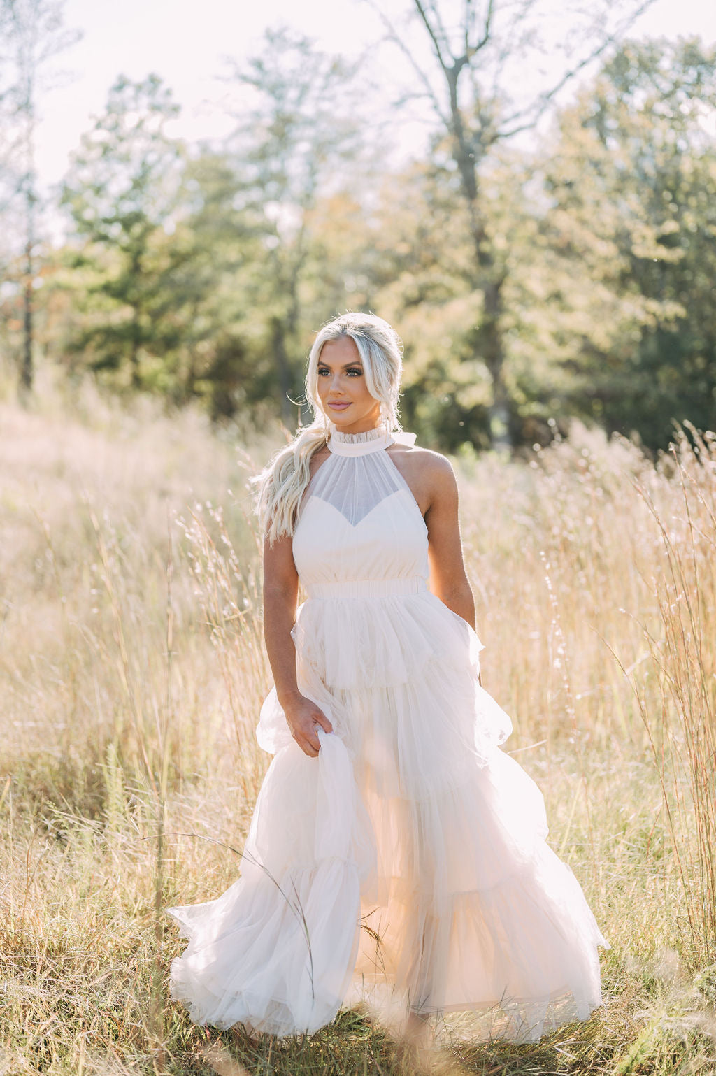 Tiered Tulle Maxi Dress-Cream