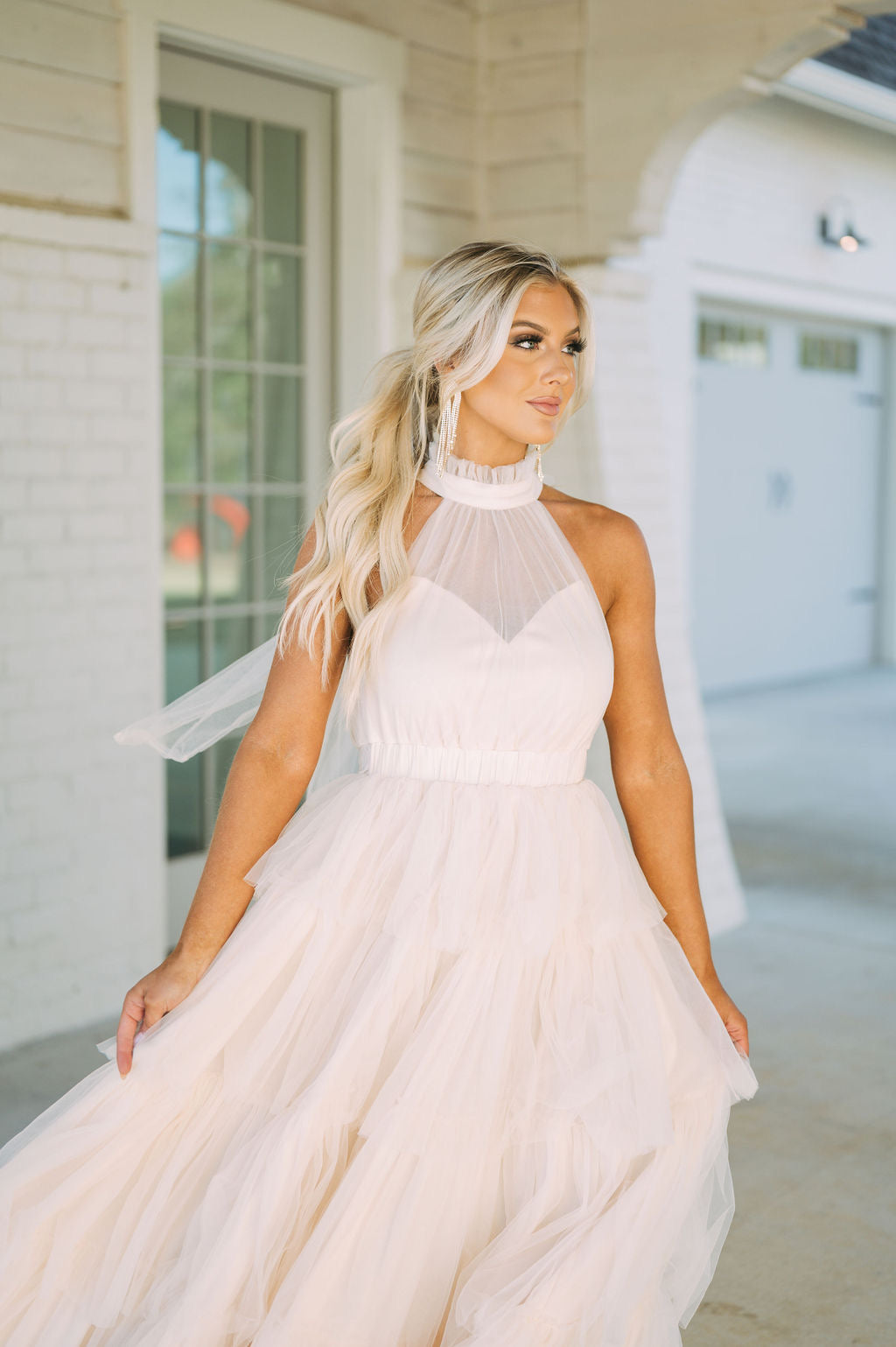 Tiered Tulle Maxi Dress-Cream