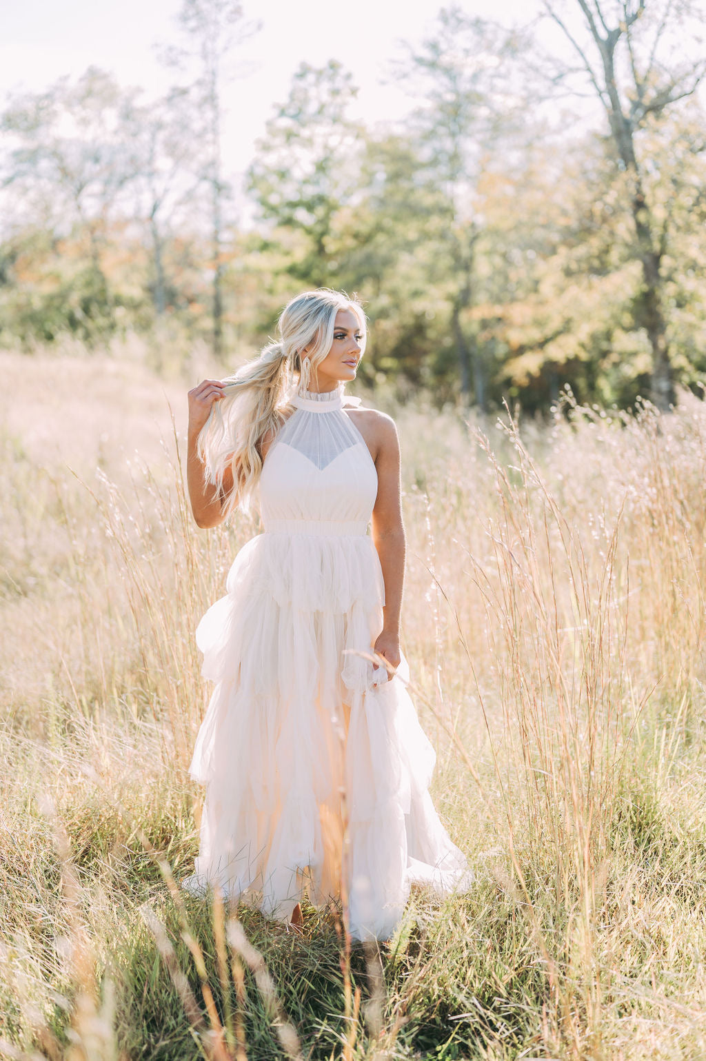 Tiered Tulle Maxi Dress-Cream