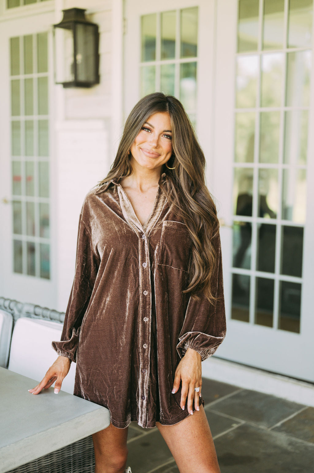 Velvet Button Down Dress-Brown