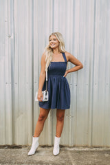 Criss Cross Back Linen Dress-Navy