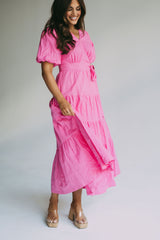 Puff Sleeve Midi Wrap Dress-Pink