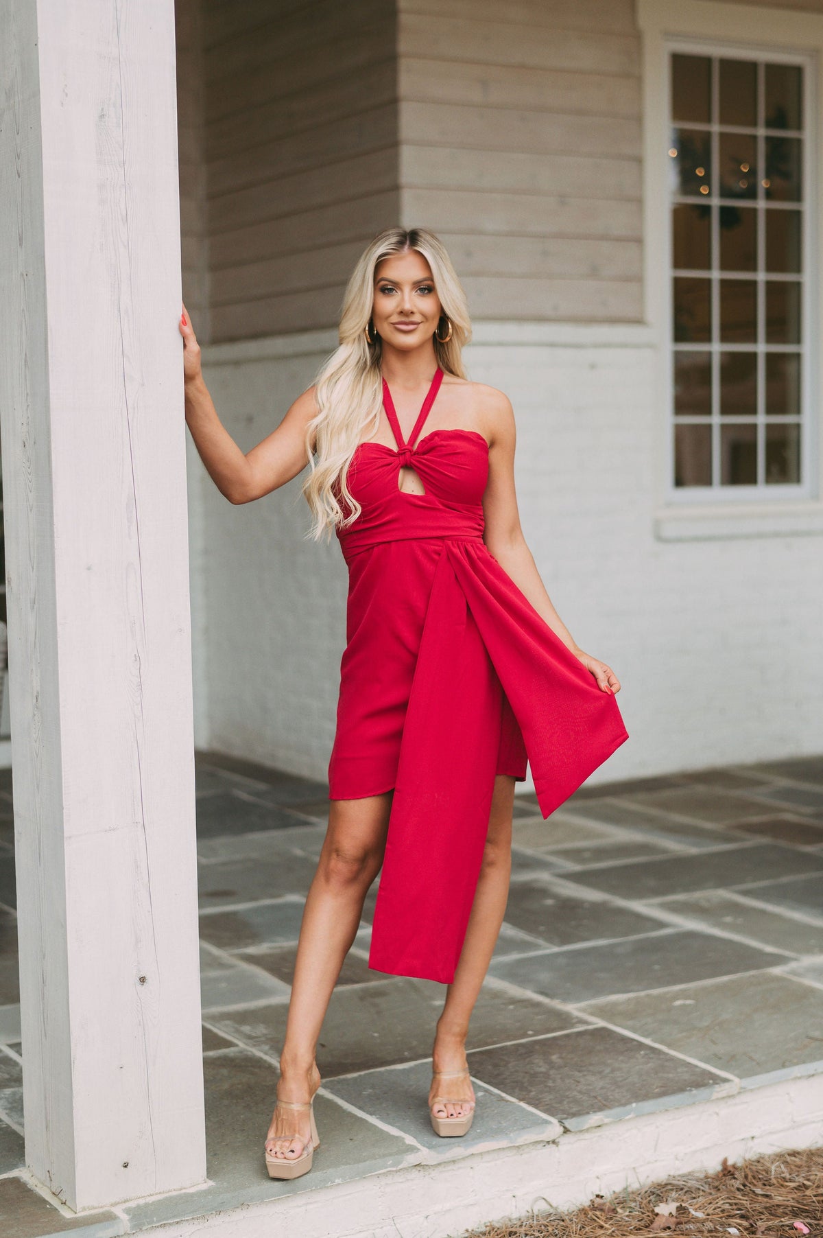 Sash Accented Halter Dress-Deep Red