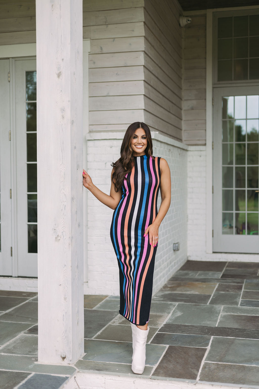 Striped Knit Midi Dress Multicolored