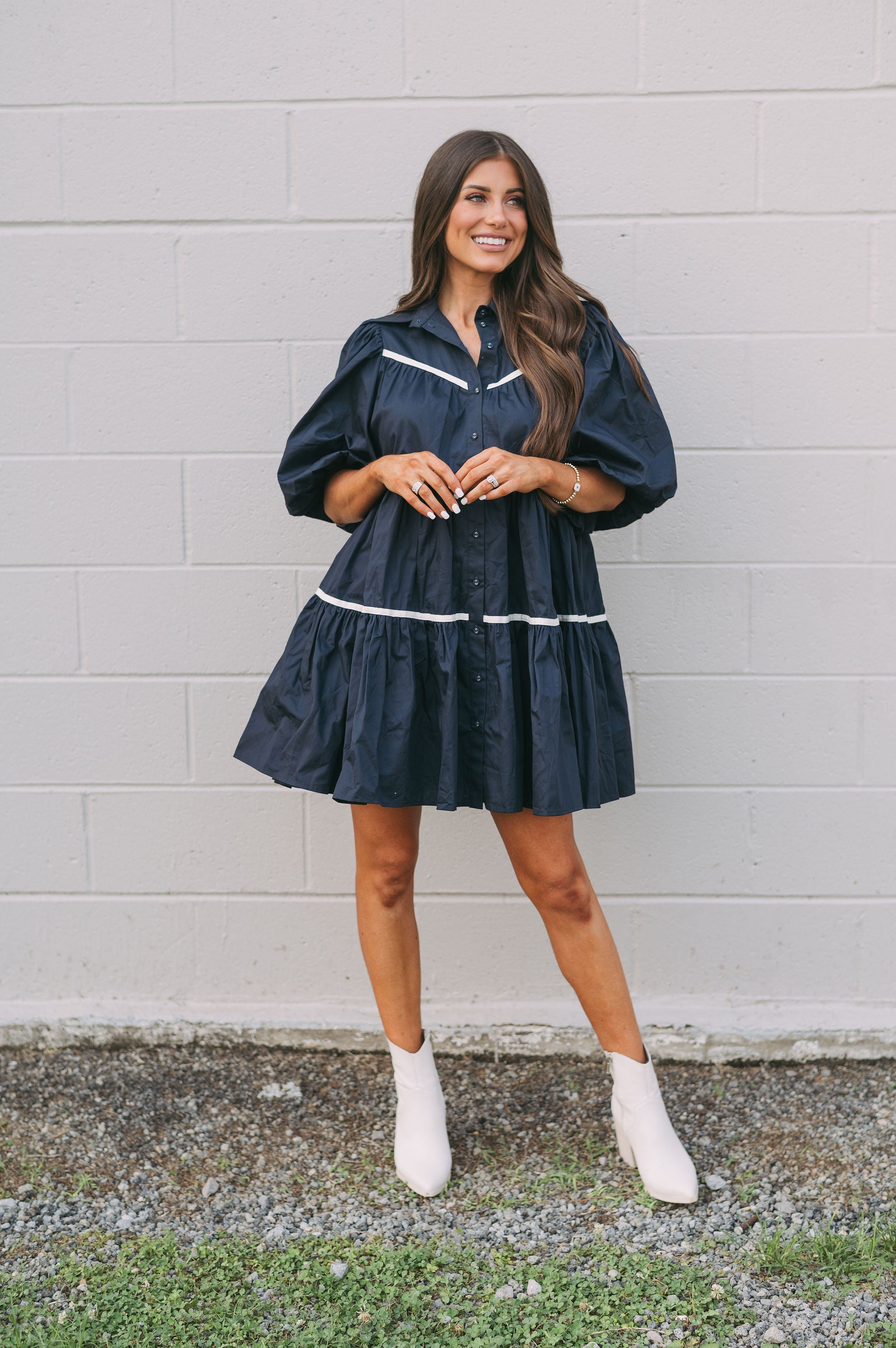 Poplin Tiered Dress Navy