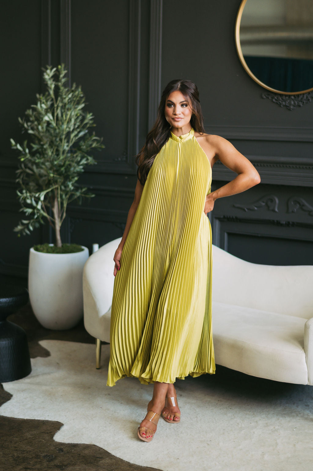 Halter Neck Pleated Midi Dress Chartreuse