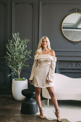 Long Sleeve OTS Satin Dress-Champagne