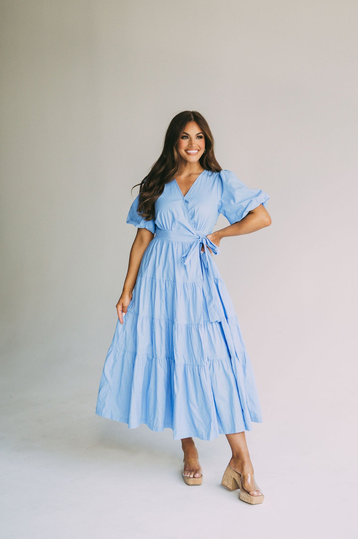 Puff Sleeve Midi Wrap Dress-Blue