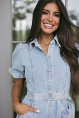 Belted Puff Sleeve Denim Dress