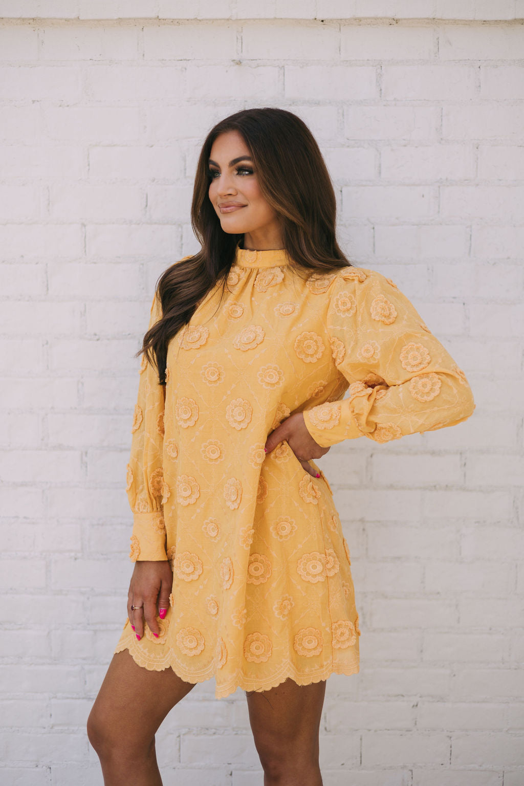 Mock Neck Floral Embroidered Dress-Mustard