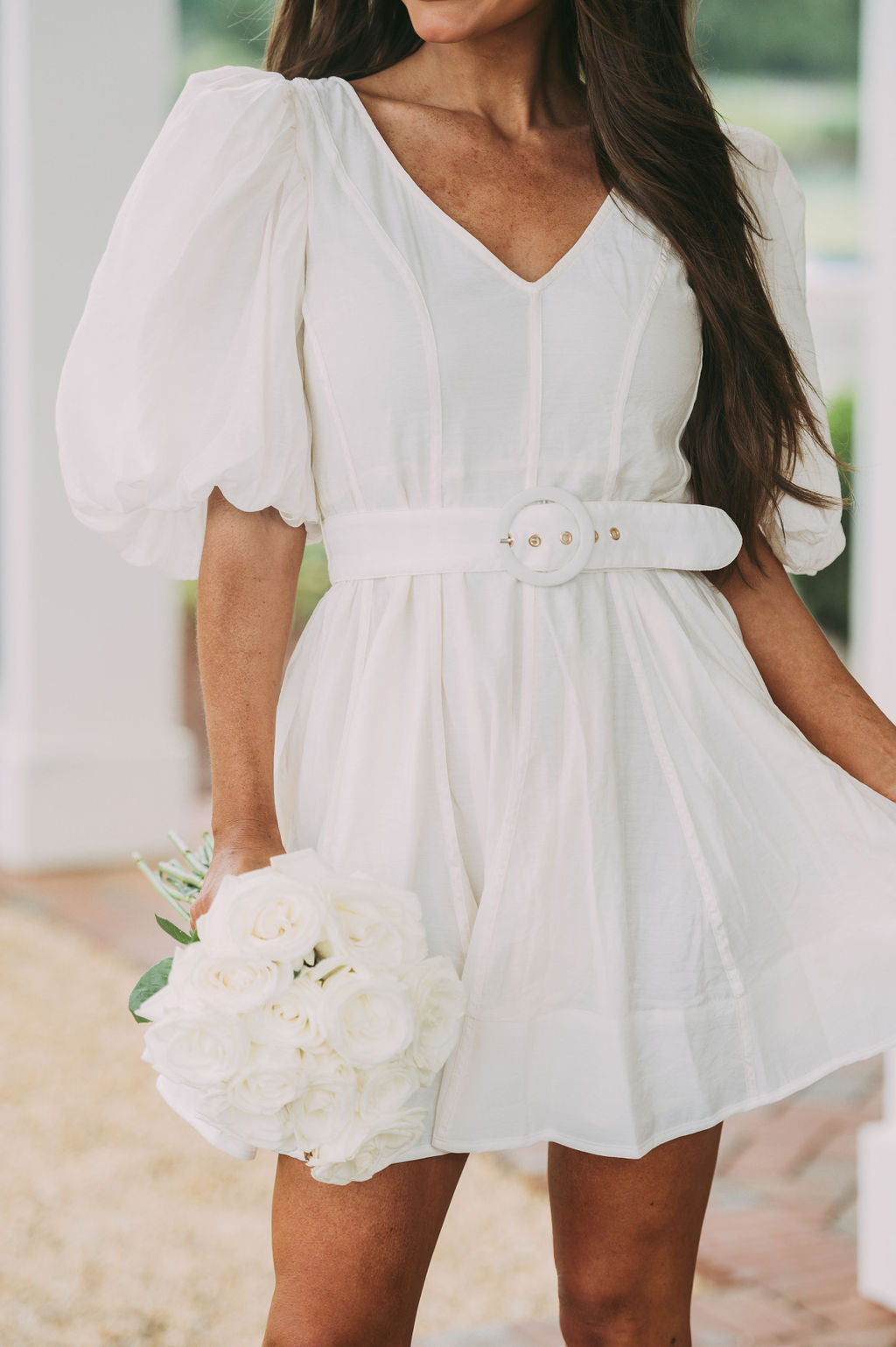 Belted Puff Sleeve Dress-Cream