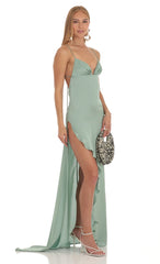 Satin Ruffle Maxi Dress in Sage