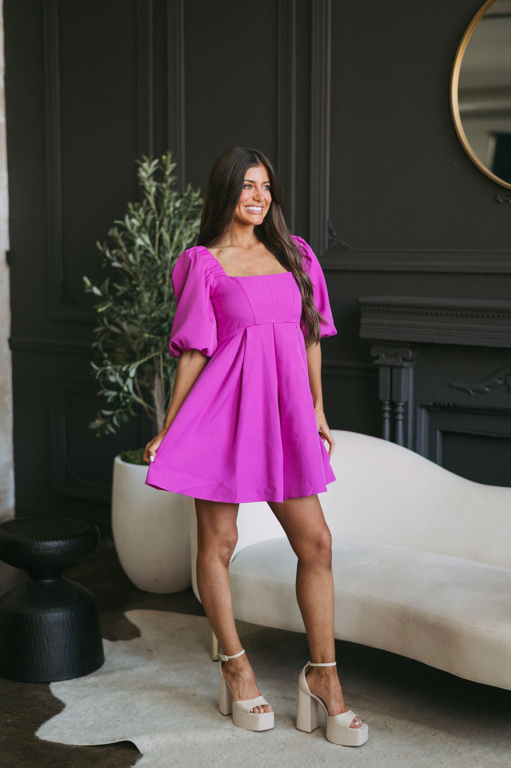 Puff Sleeve Square Neck Dress-Magenta