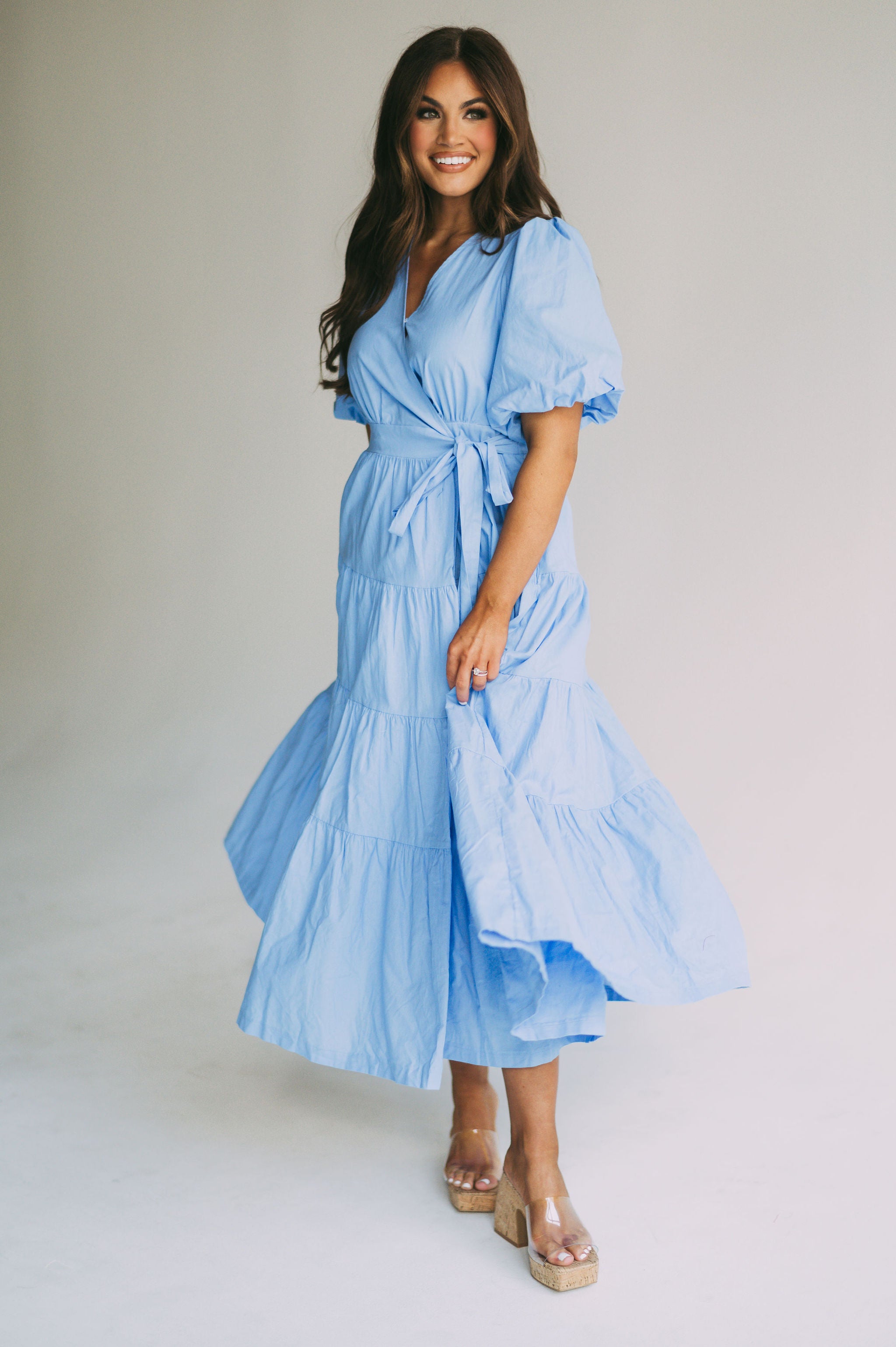 Puff Sleeve Midi Wrap Dress-Blue