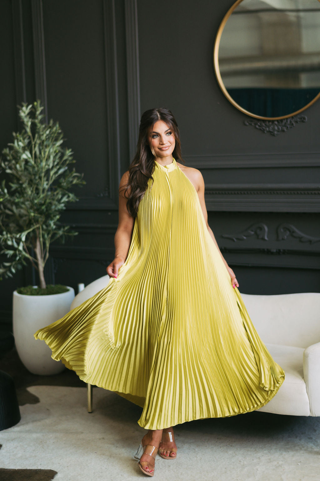 Halter Neck Pleated Midi Dress Chartreuse