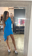 Side Fringe One Shoulder Dress-Blue