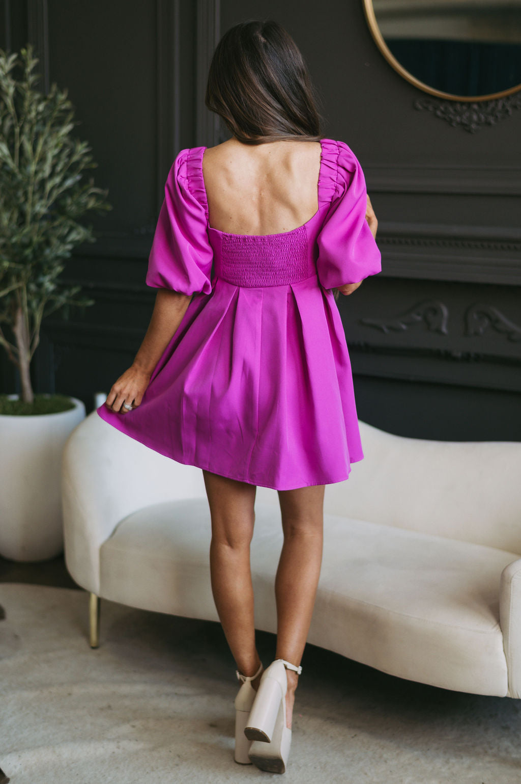 Puff Sleeve Square Neck Dress-Magenta