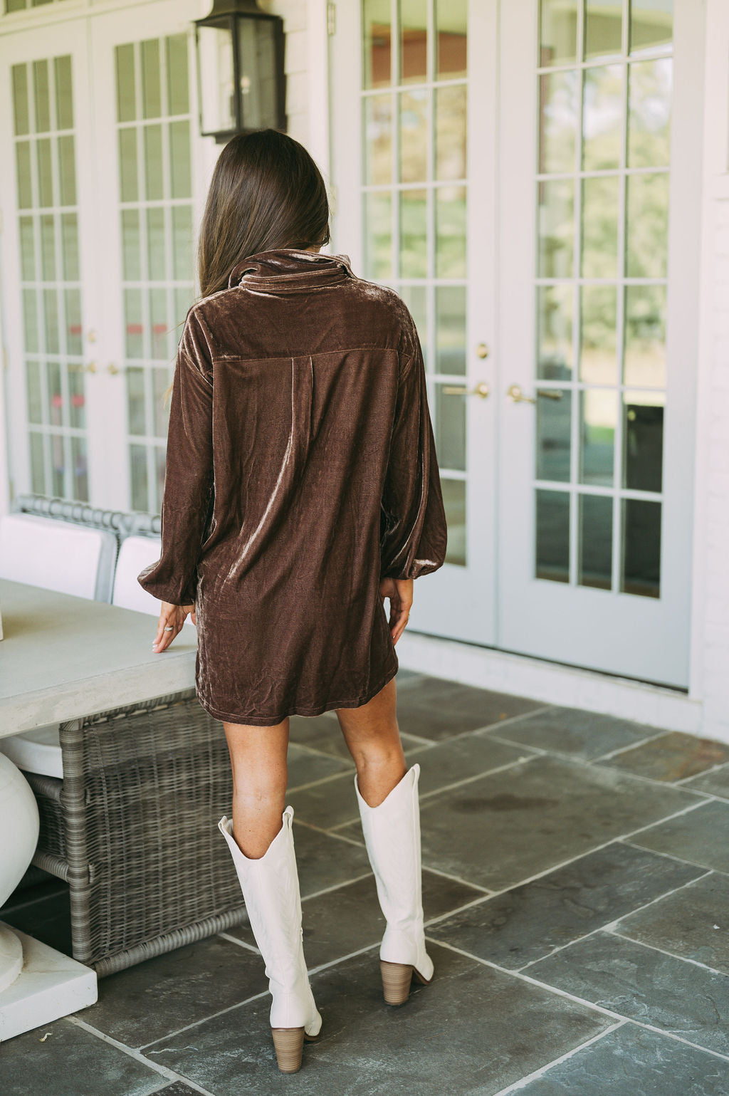 Velvet Button Down Dress-Brown