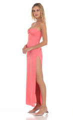 Satin Cinched Maxi Dress in Coral