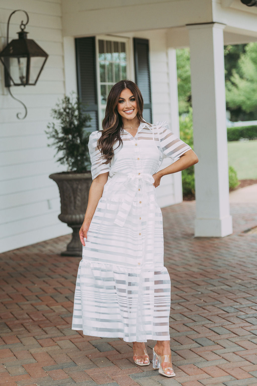 Sheer Striped Midi Dress White