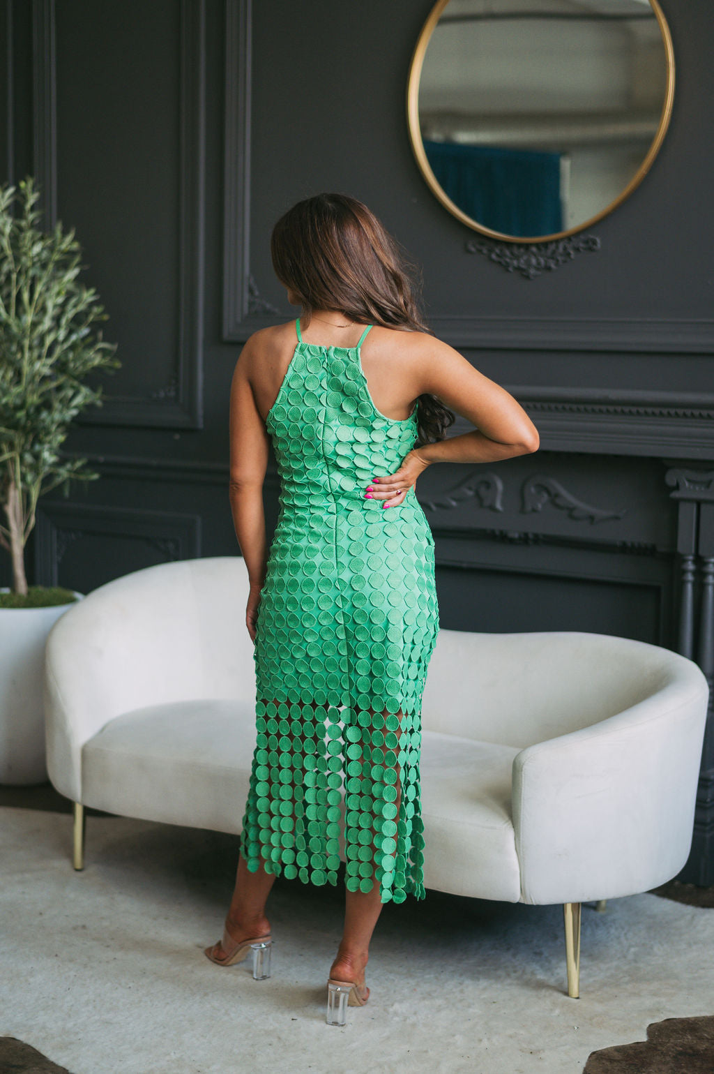 Circular Fringed Midi Dress-Green