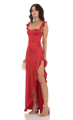 Satin Ruffle Maxi Dress in Red