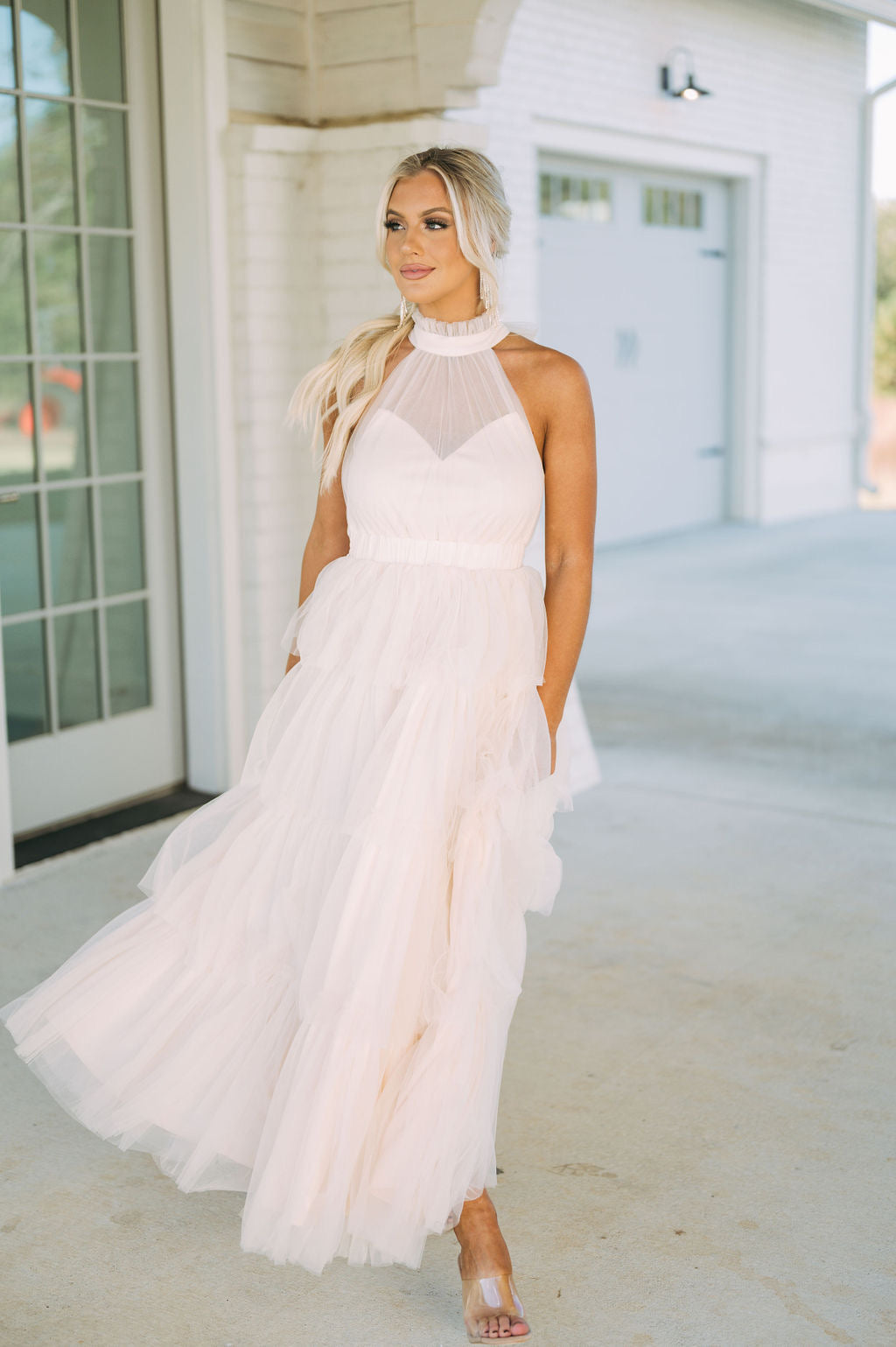 Tiered Tulle Maxi Dress-Cream