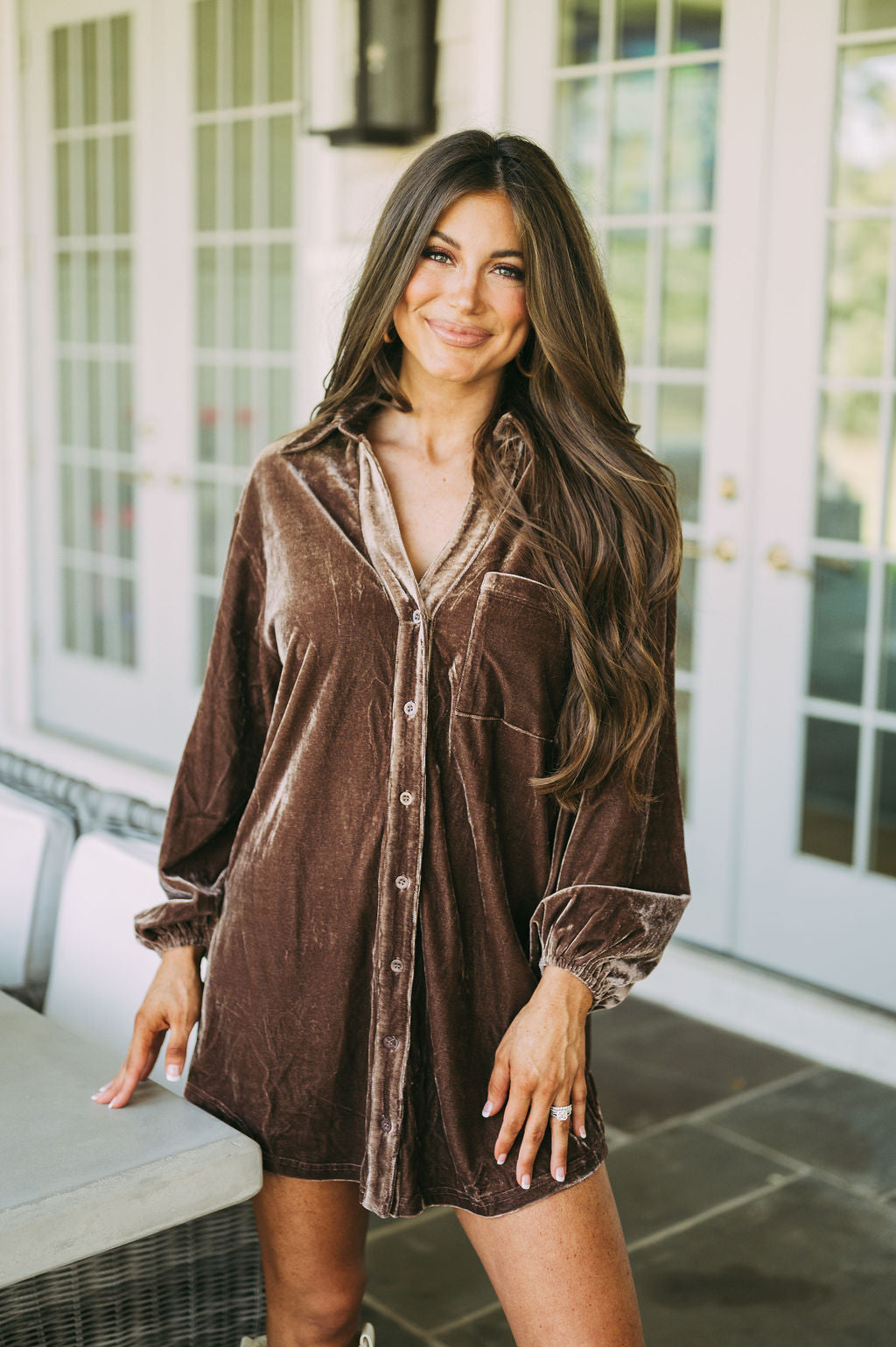 Velvet Button Down Dress-Brown