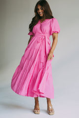 Puff Sleeve Midi Wrap Dress-Pink