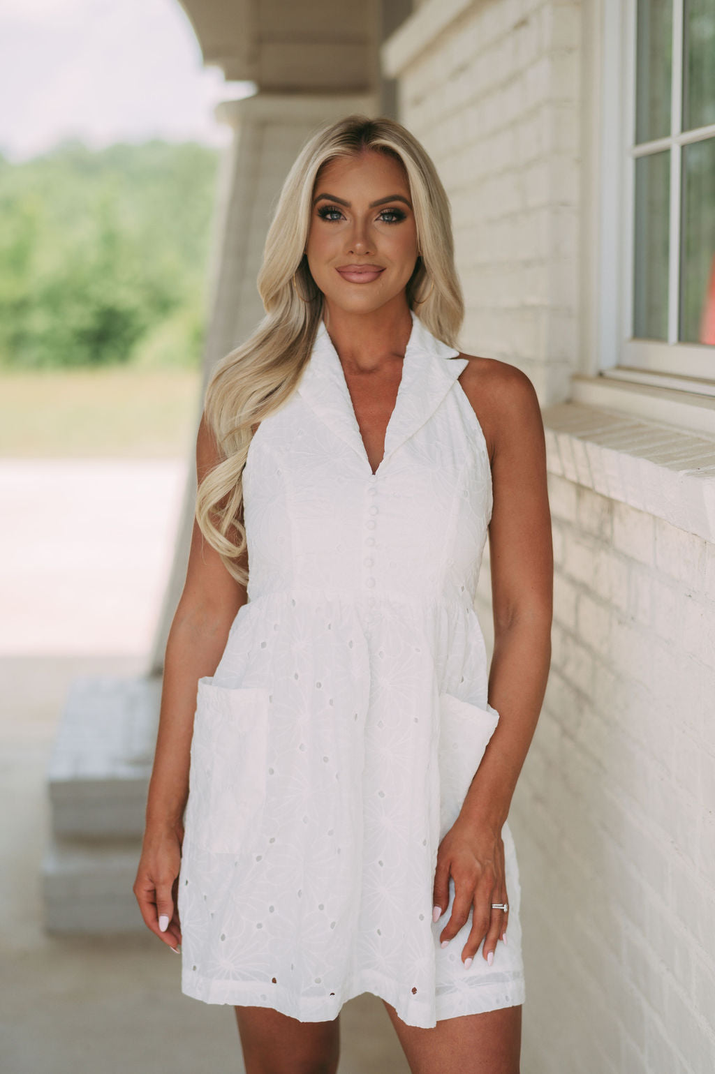 Pocketed Eyelet Halter Dress