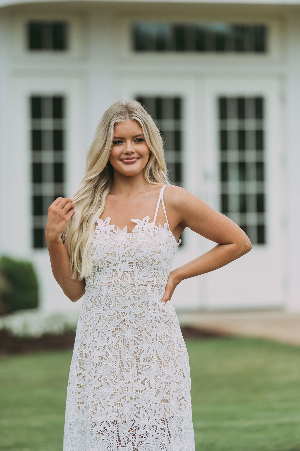 Crochet Strappy Midi Dress-White