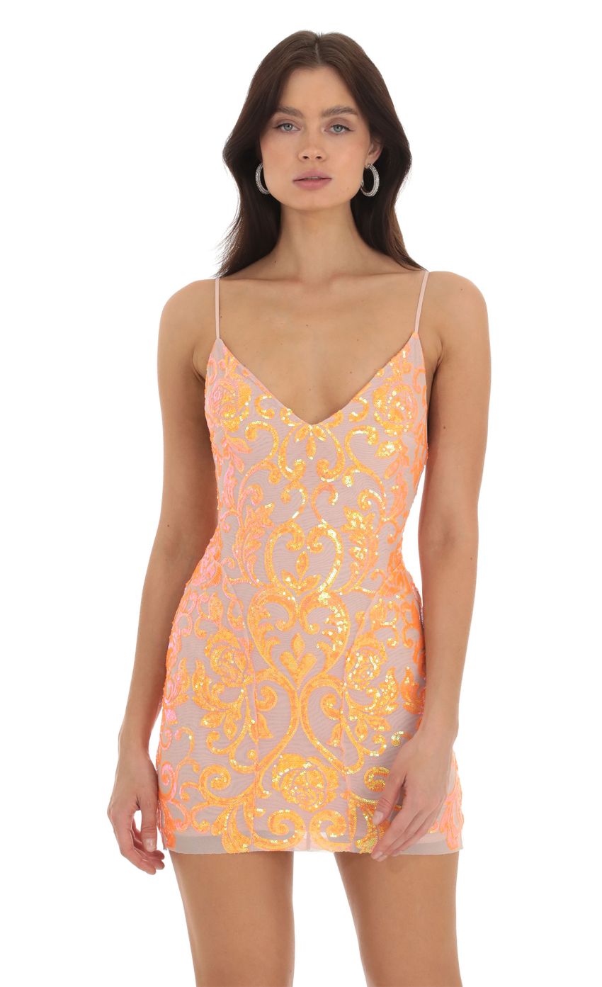 Dovy Orange Sequin Bodycon Dress in Nude